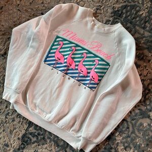 Vintage 90s Miami Beach Flamingo Graphic Sweater - White and Pink